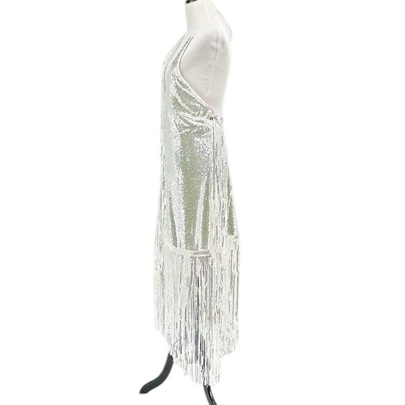 Rotate Birger Christensen Sequin Metallic Fringe Sleeveless Dress Silver Size 10 - Picture 9 of 16
